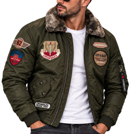 Kurtka męska pilotka Cipo & Baxx bomber z futrzanym kołnierzem ocieplana CM232 khaki