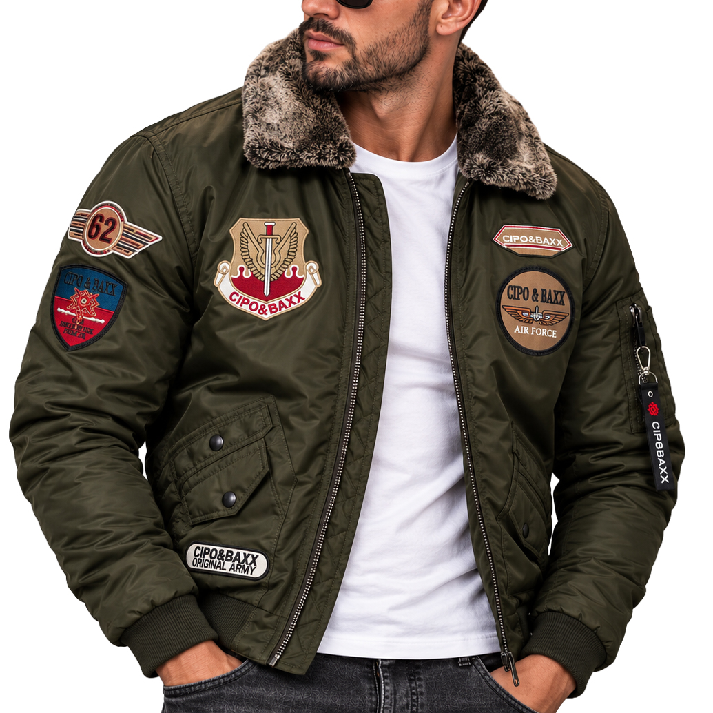 Kurtka męska pilotka Cipo & Baxx bomber z futrzanym kołnierzem ocieplana CM232 khaki