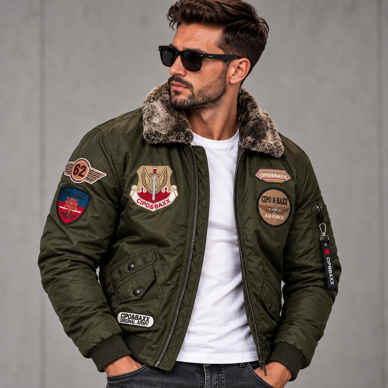Kurtka męska pilotka Cipo & Baxx bomber z futrzanym kołnierzem ocieplana CM232 khaki - obrazek 3