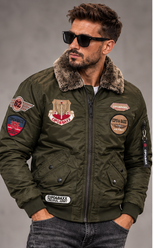 Kurtka męska pilotka Cipo & Baxx bomber z futrzanym kołnierzem ocieplana CM232 khaki - obrazek 5