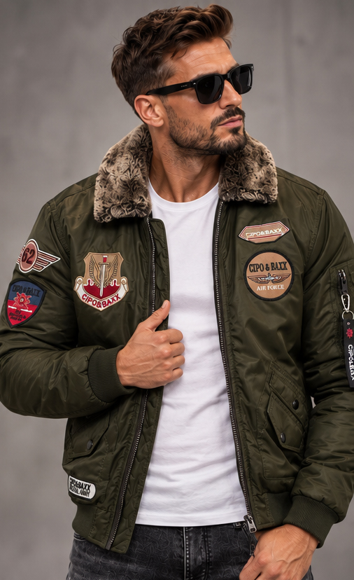 Kurtka męska pilotka Cipo & Baxx bomber z futrzanym kołnierzem ocieplana CM232 khaki - obrazek 6