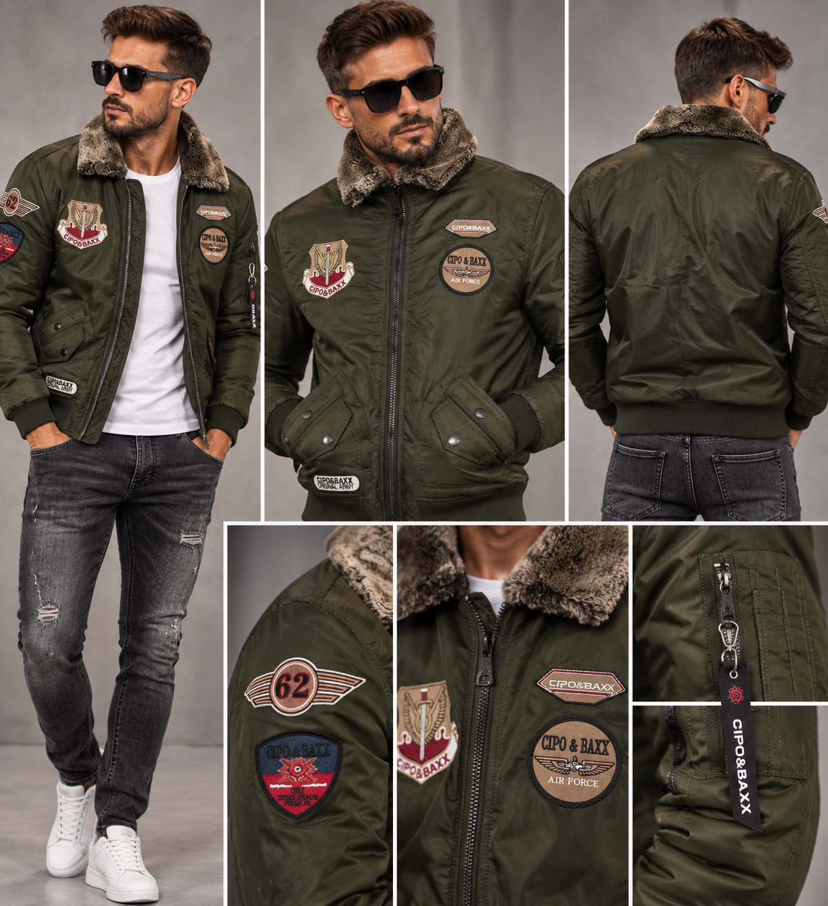 Kurtka męska pilotka Cipo & Baxx bomber z futrzanym kołnierzem ocieplana CM232 khaki - obrazek 7