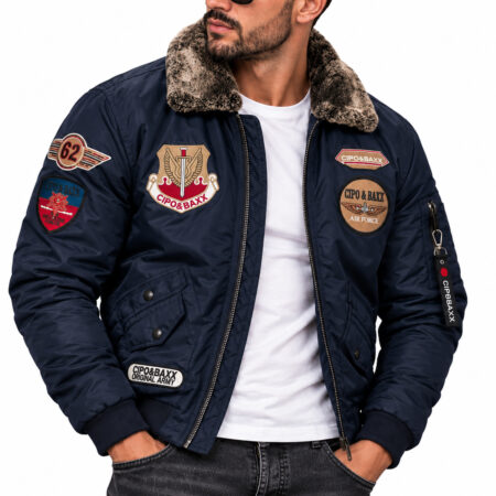 Kurtka męska pilotka Cipo & Baxx bomber z futrzanym kołnierzem ocieplana CM232 navy