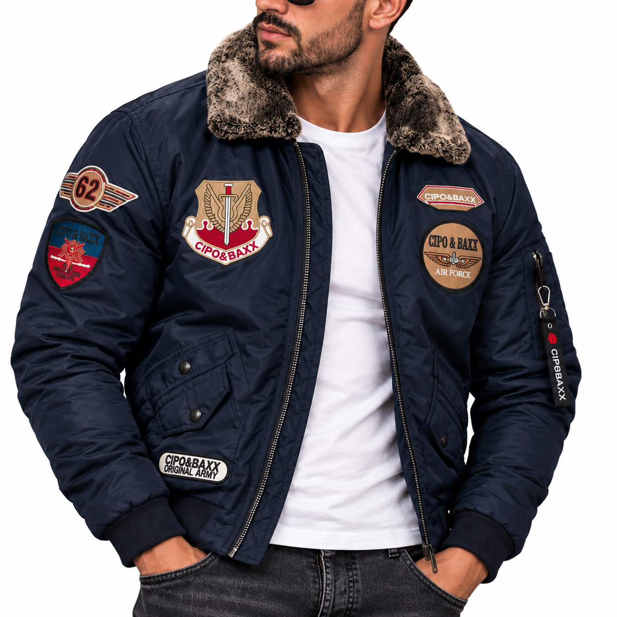 Kurtka męska pilotka Cipo & Baxx bomber z futrzanym kołnierzem ocieplana CM232 navy