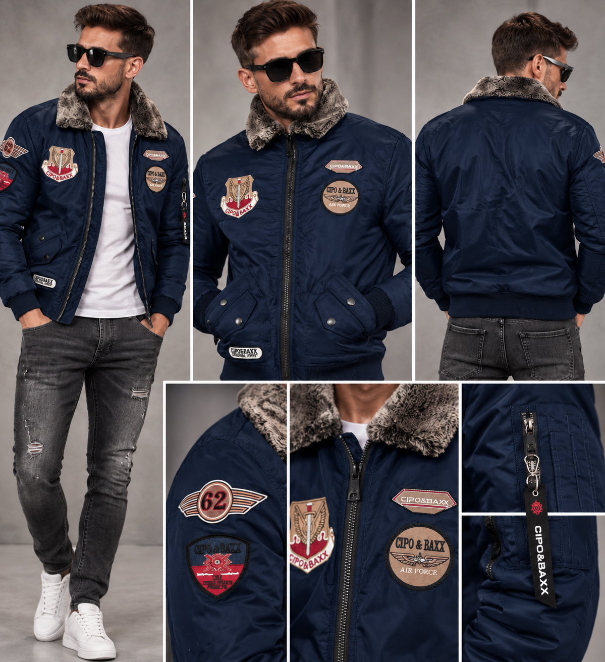 Kurtka męska pilotka Cipo & Baxx bomber z futrzanym kołnierzem ocieplana CM232 navy - obrazek 7