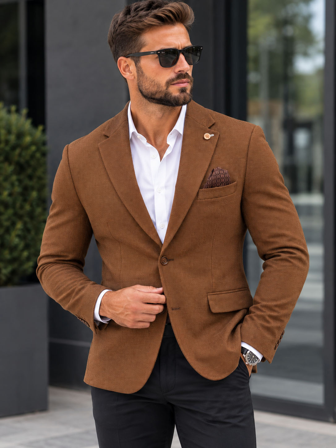 Marynarka Męska Biznesowa Klasyczna Wizytowa Elegancka Casual Brązowa skr-brown - obrazek 2