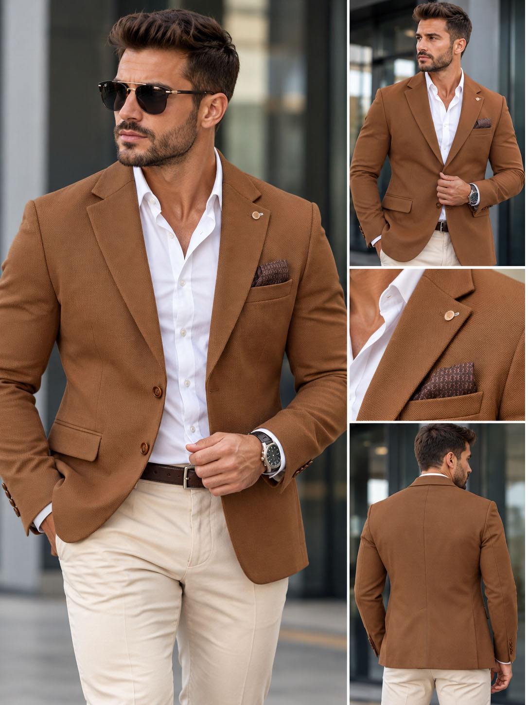 Marynarka Męska Biznesowa Klasyczna Wizytowa Elegancka Casual Brązowa skr-brown - obrazek 3