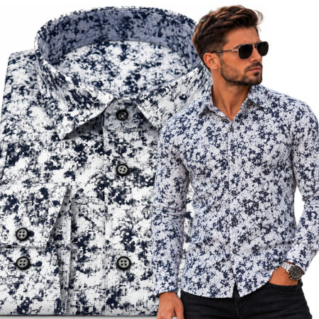 Koszula Męska Wzorzysta Elegancka Slim Fit Długi Rękaw Casual Kołnierzyk White