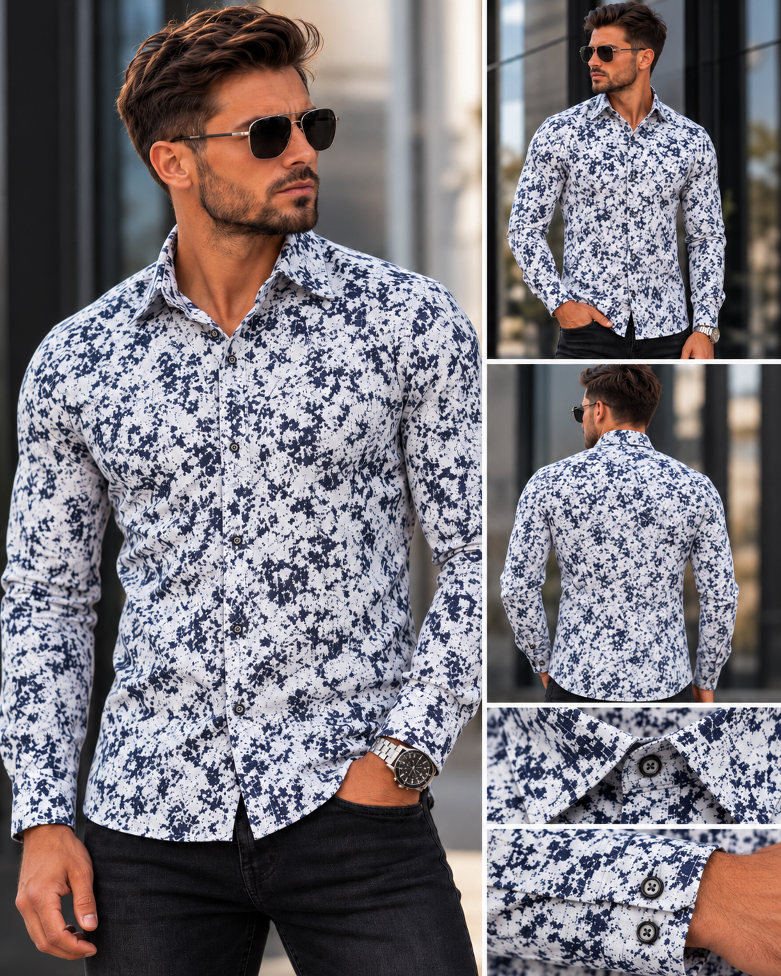 Koszula Męska Wzorzysta Elegancka Slim Fit Długi Rękaw Casual Kołnierzyk White - obrazek 3