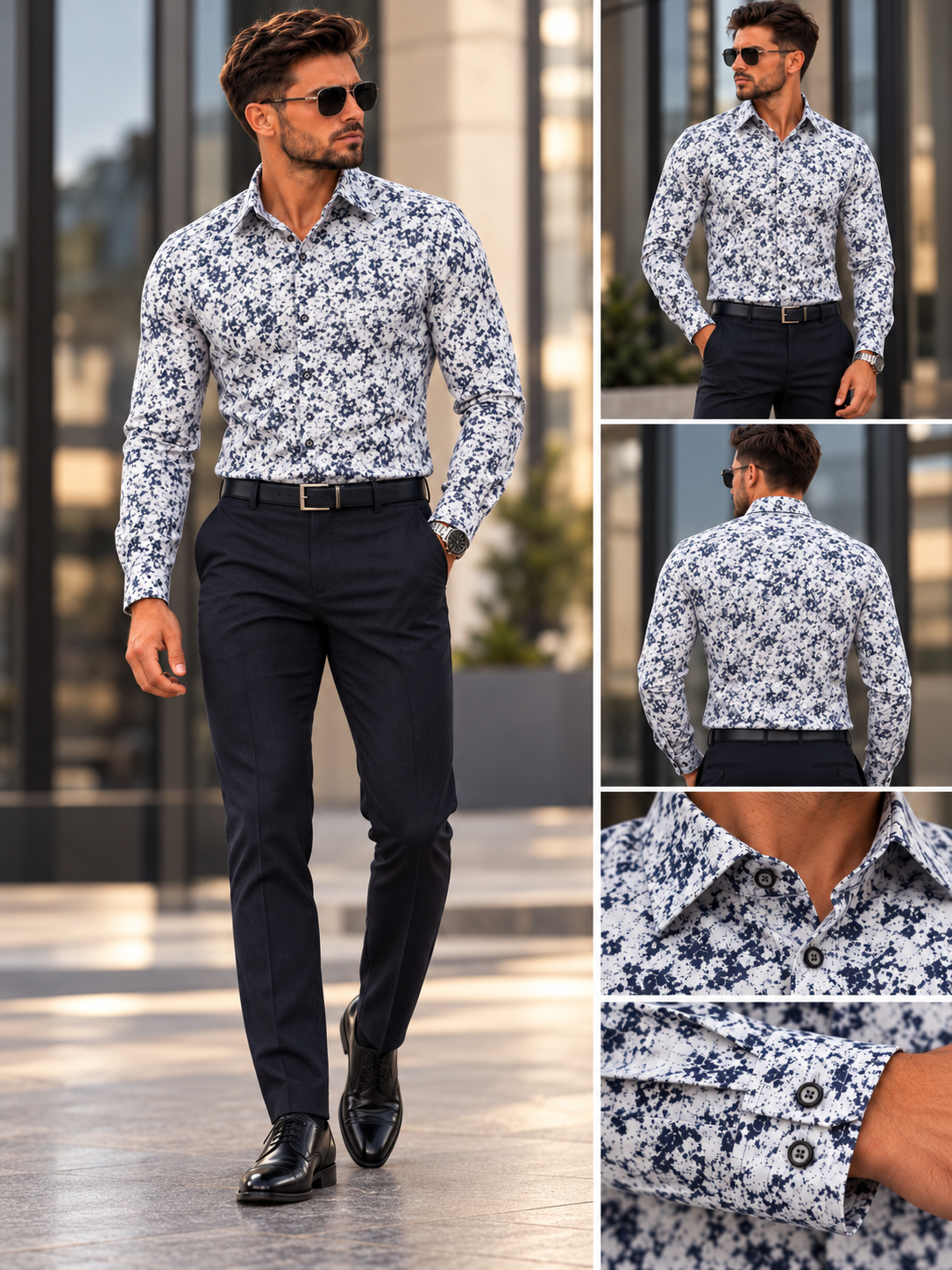 Koszula Męska Wzorzysta Elegancka Slim Fit Długi Rękaw Casual Kołnierzyk White - obrazek 4