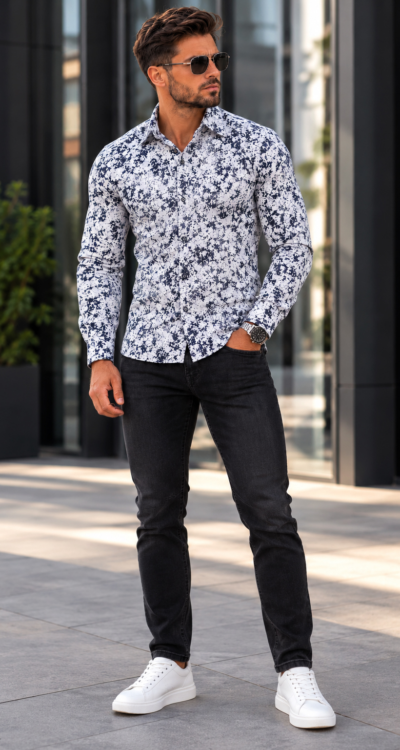 Koszula Męska Wzorzysta Elegancka Slim Fit Długi Rękaw Casual Kołnierzyk White - obrazek 5