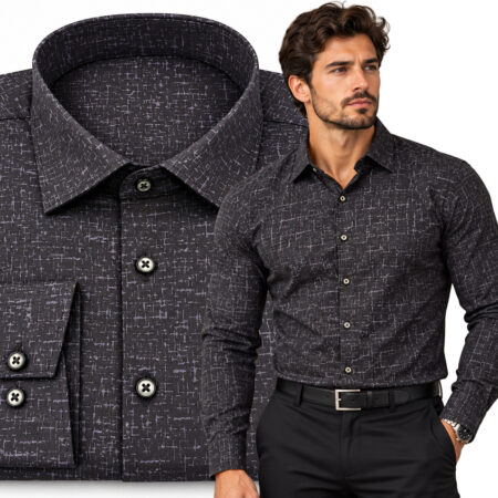 Koszula Męska Wzorzysta Elegancka Slim Fit Długi Rękaw Casual Kołnierzyk black