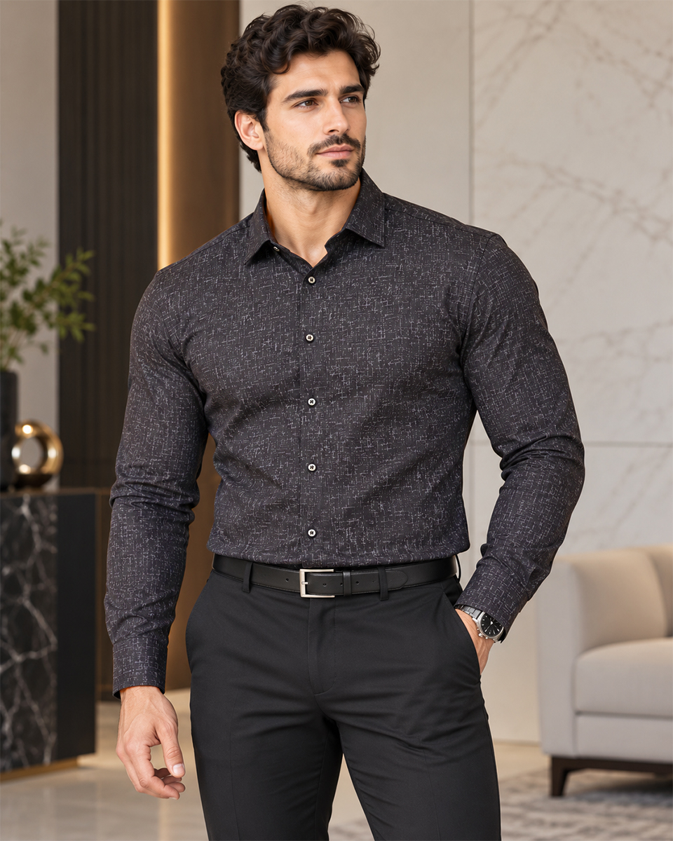 Koszula Męska Wzorzysta Elegancka Slim Fit Długi Rękaw Casual Kołnierzyk black - obrazek 3