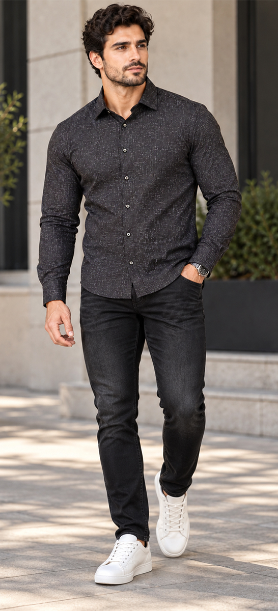 Koszula Męska Wzorzysta Elegancka Slim Fit Długi Rękaw Casual Kołnierzyk black - obrazek 4