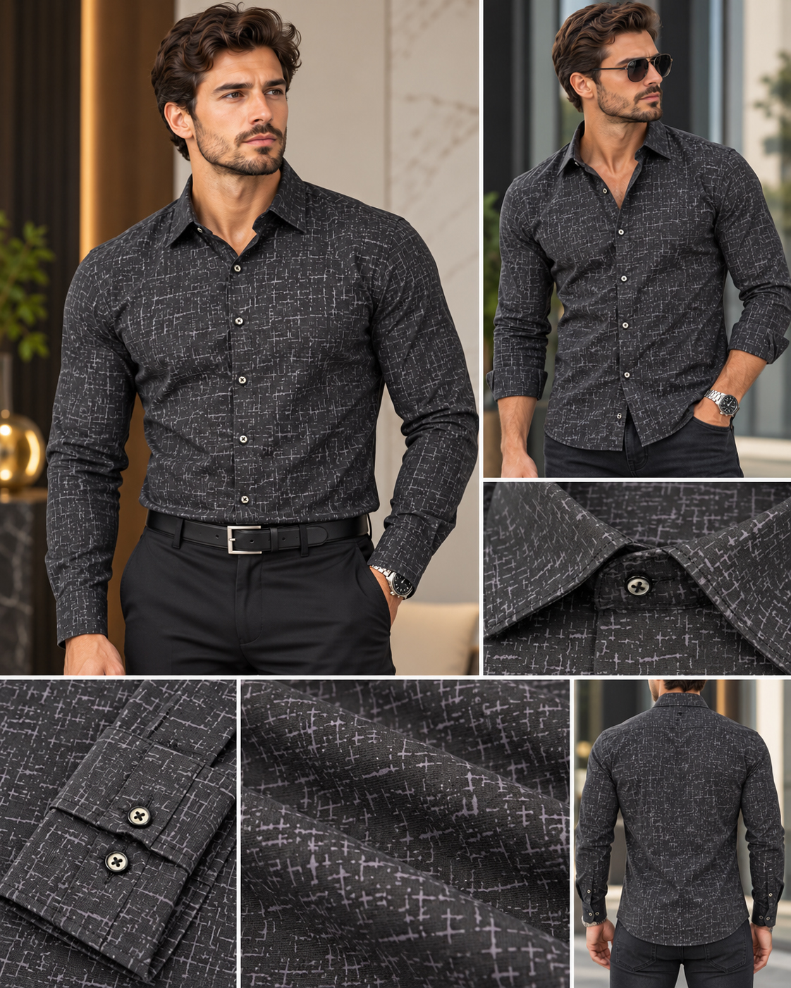 Koszula Męska Wzorzysta Elegancka Slim Fit Długi Rękaw Casual Kołnierzyk black - obrazek 5