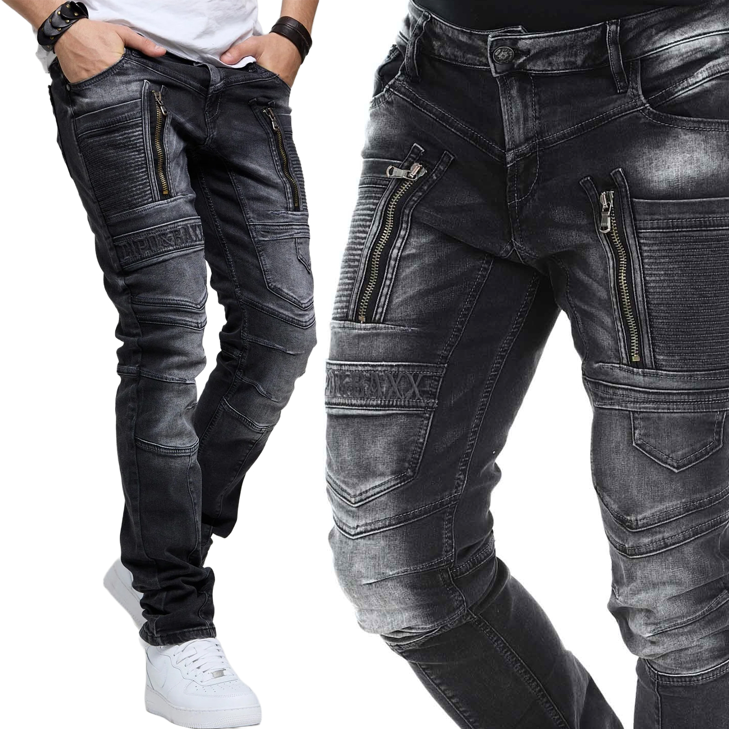 Spodnie Cipo Baxx Jeansy Zamki Elastyczne Przecierane Przeszycia Kieszenie cd844 black