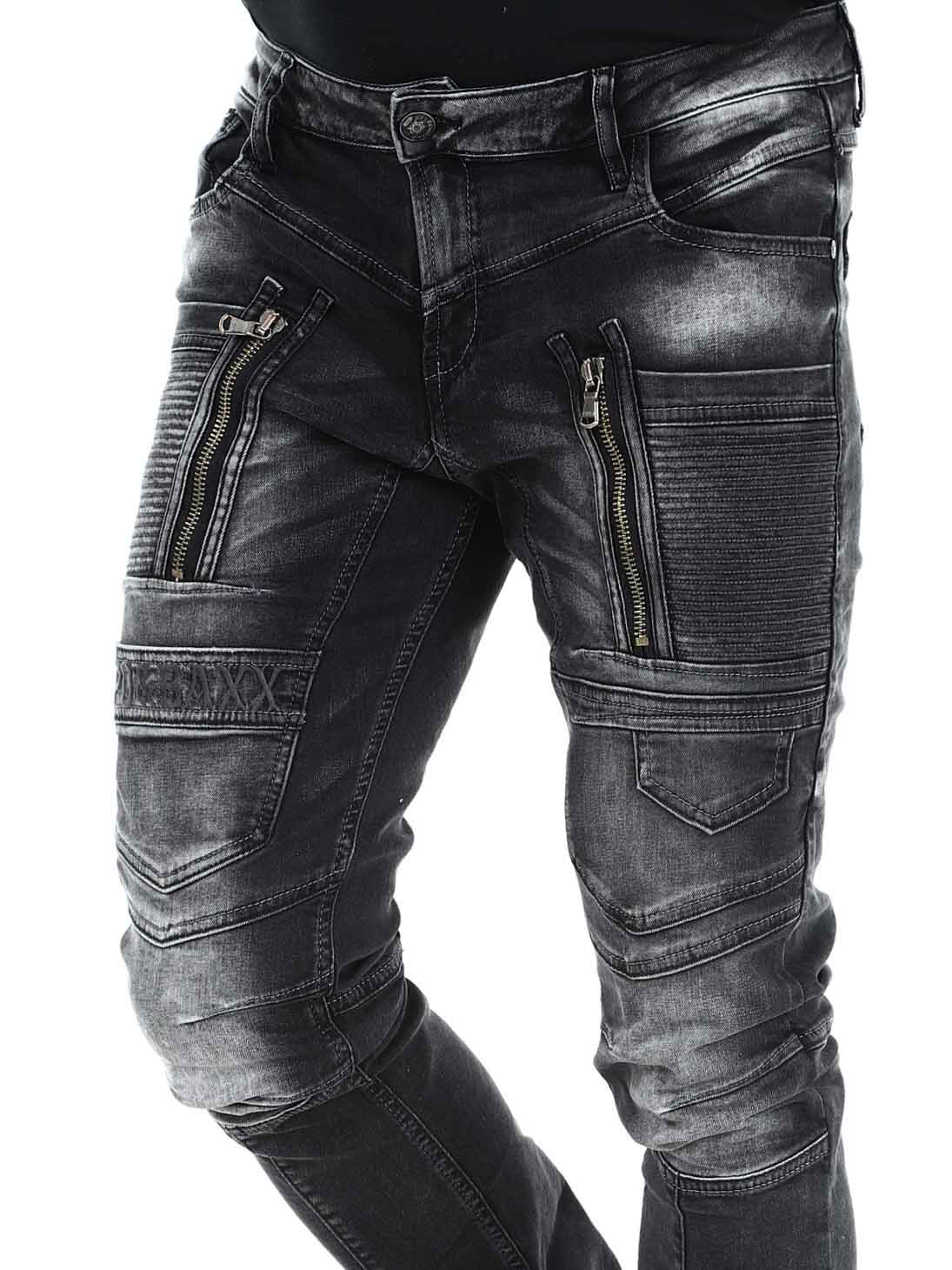 Spodnie Cipo Baxx Jeansy Zamki Elastyczne Przecierane Przeszycia Kieszenie cd844 black - obrazek 3