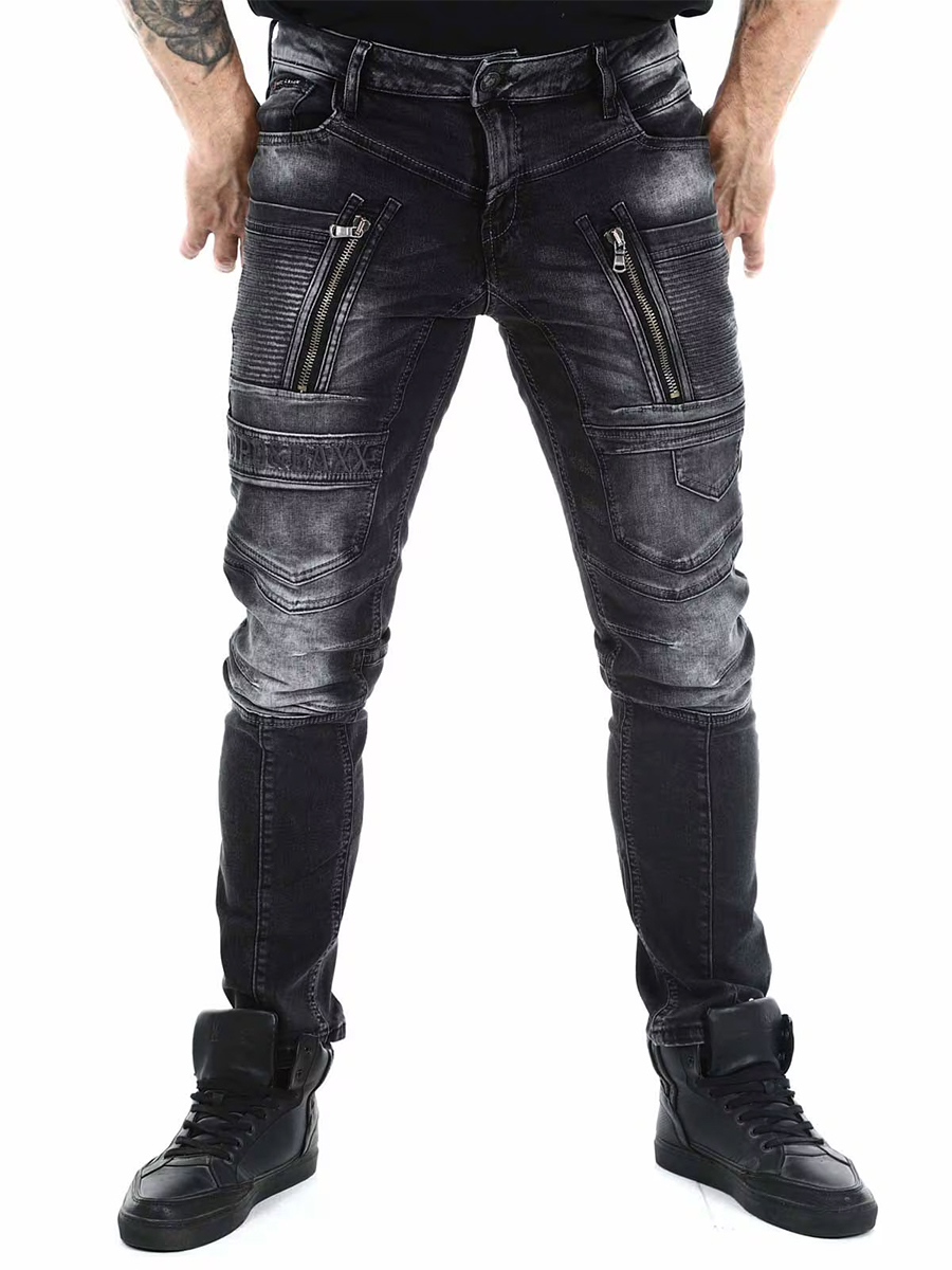 Spodnie Cipo Baxx Jeansy Zamki Elastyczne Przecierane Przeszycia Kieszenie cd844 black - obrazek 4