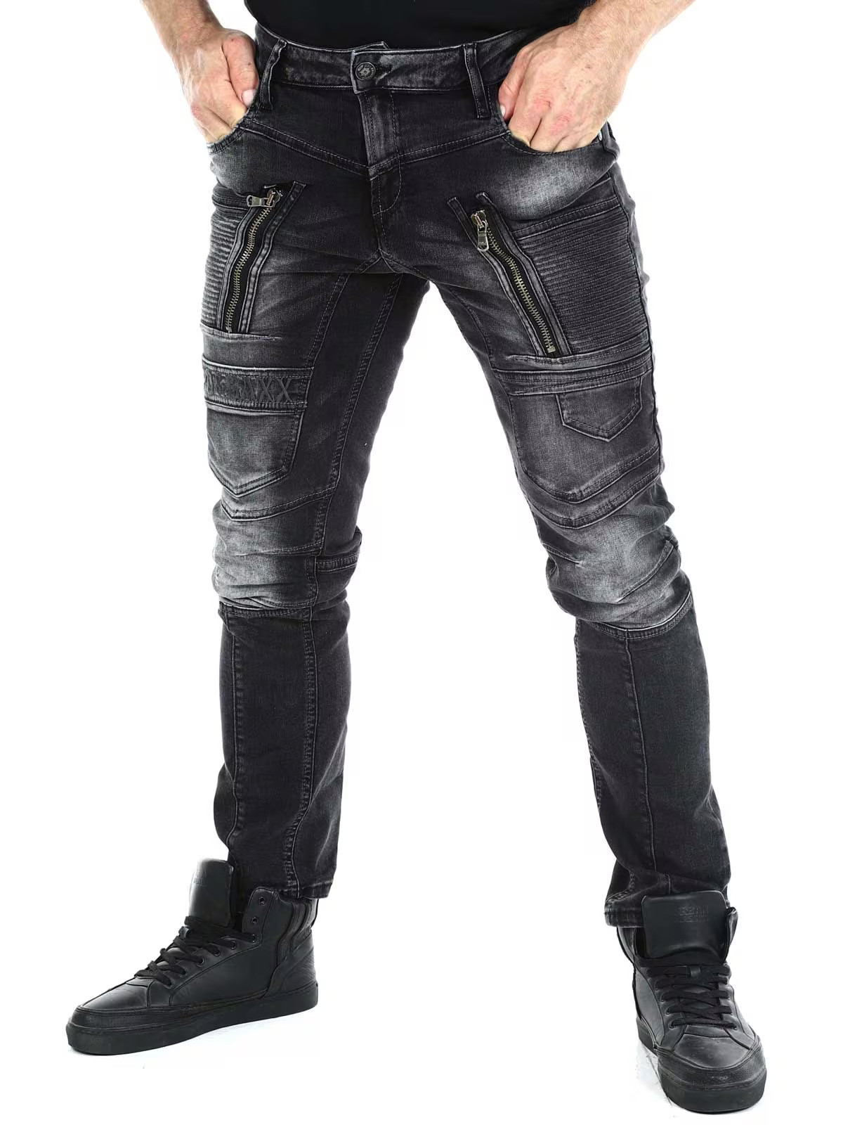 Spodnie Cipo Baxx Jeansy Zamki Elastyczne Przecierane Przeszycia Kieszenie cd844 black - obrazek 5